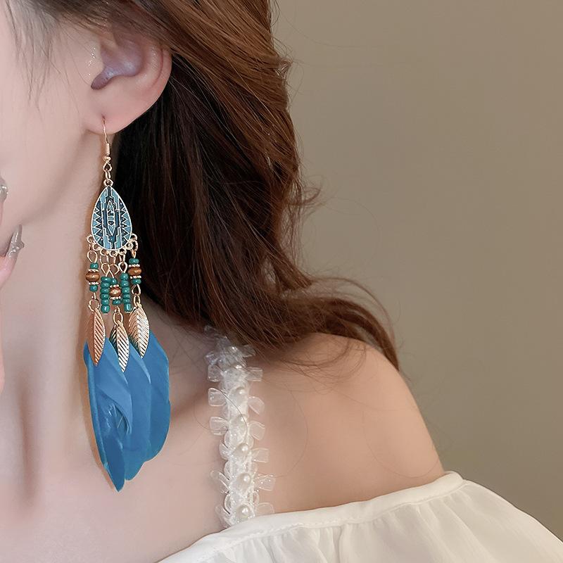 Bohemian Ethnic Style Feathers Fringed Earrings Ear Hooks Personalized Vacation Wind Ears