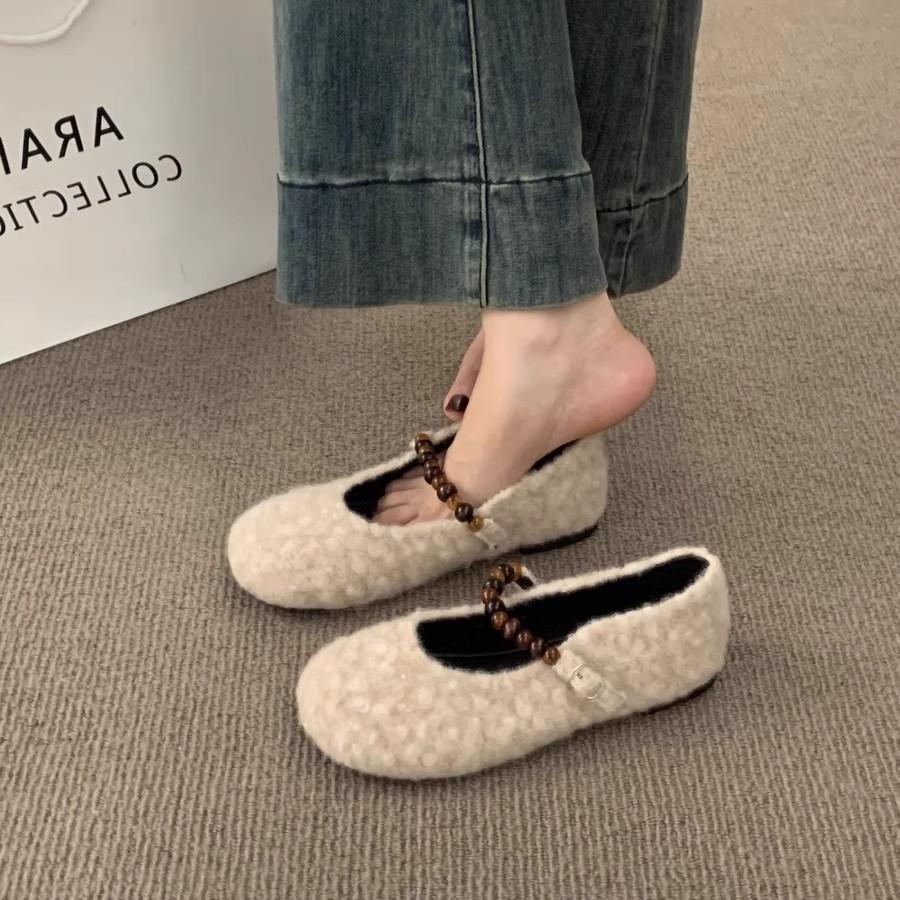 French flat-bottomed fairy wind lamb wool round head pearl word with fluffy shoes women wear autumn and winter new cotton ladyshoes