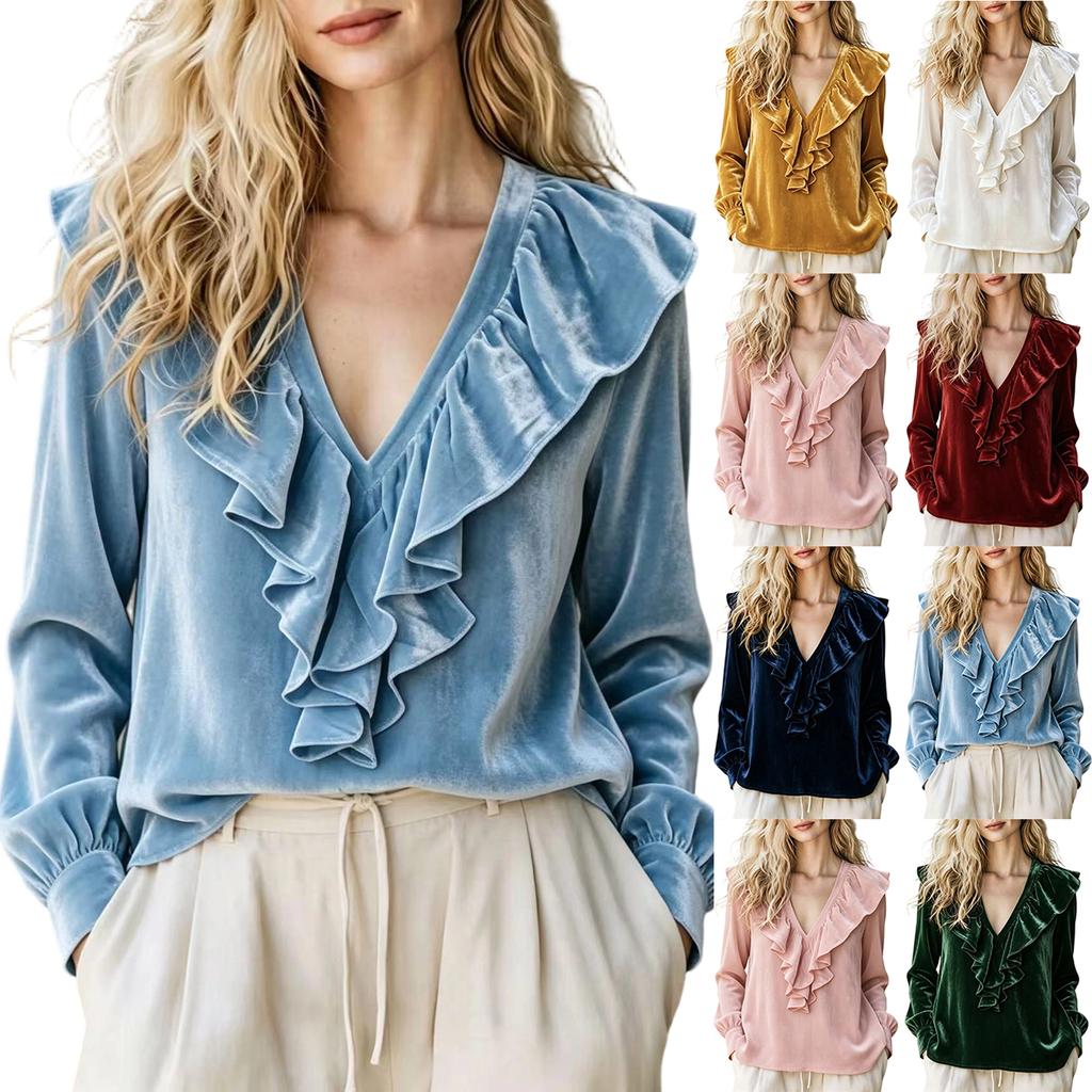 Women's Velvet V-Neck Blouse with Ruffle for Elegant
