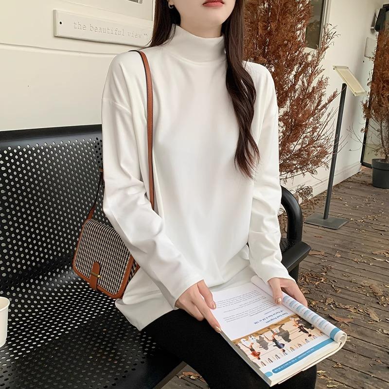 German Velvet Thickened Bottoming Shirt T-shirt for Women Autumn and Winter Half Turtleneck Loose Mid-length Sweatshirt Layered with Long-sleeved Top