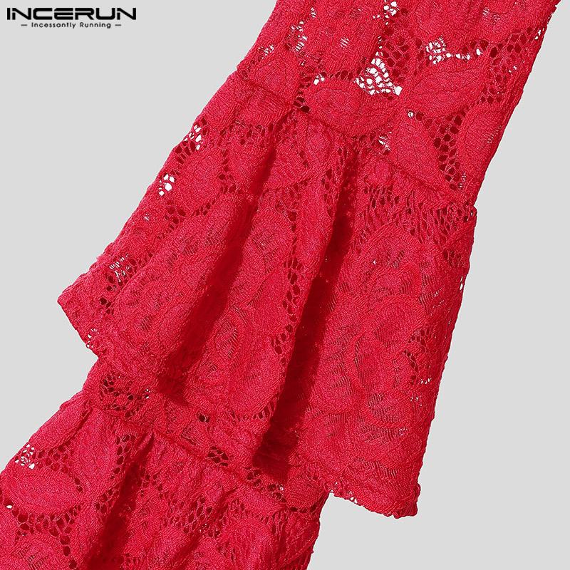 INCERUN Men Lace Up See Through Lace Crop Tops Club Party Mesh Short T-shirts
