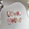 10Pcs Pink Cat Eye Press On Nails Short Oval 3D Carved Flowers With Golden Pattern Glossy Handmade False Nails