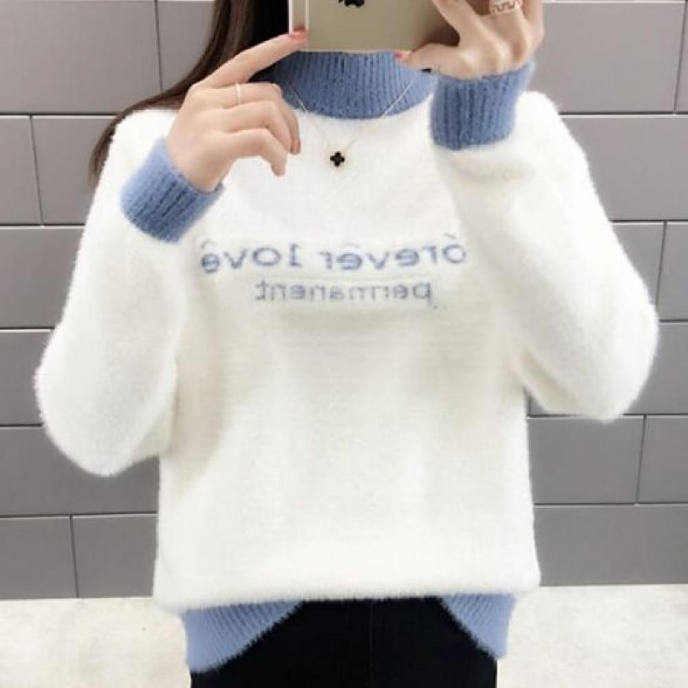 Navava Mock Neck Warm LeTTering Color Block Angora Long Sleeve KniT T shirT Nk