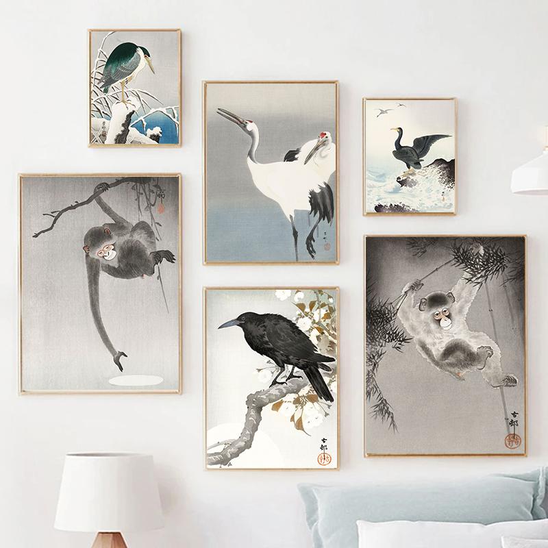 Japan Artist Ohara Koson Classic Artwork Poster Canvas Painting Monkey Goose Flower Birds Wall Art For Living Room Home Decor