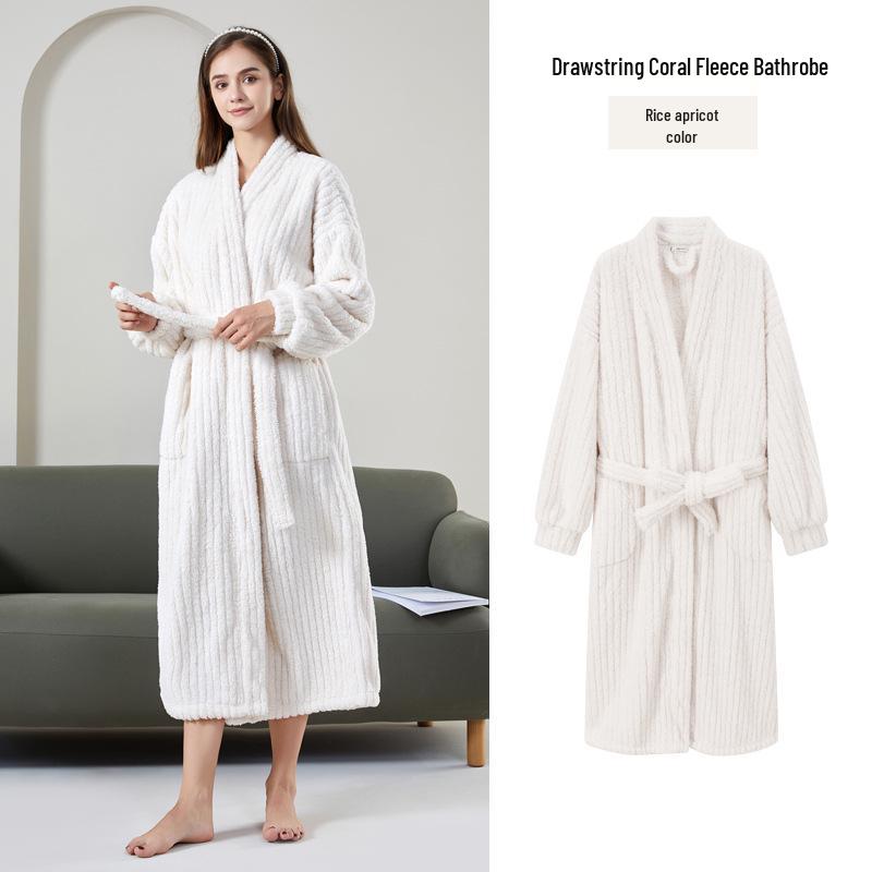 Women's Coral Fleece Thick Velvet Lined Bathrobe - Cozy Autumn/Winter Long Robe Pajamas
