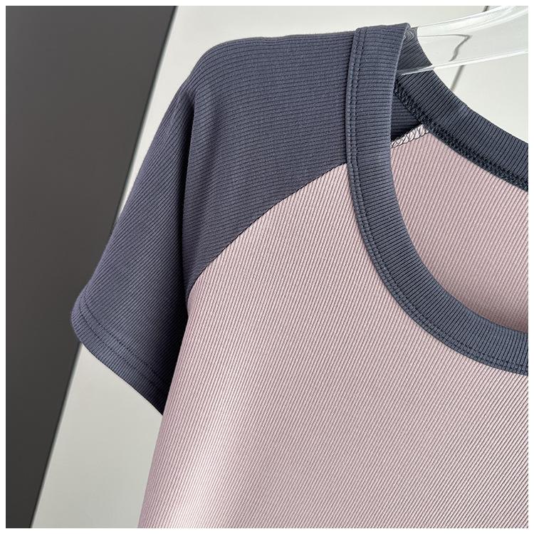 Raglan Short Sleeve Color Block T-Shirt Plus Size Loose Slim Crop Top For Summer Versatile Breathable Soft Material Flattering Slim Women Top