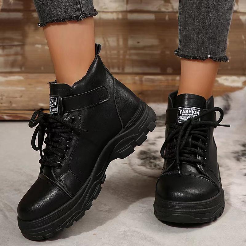 Black Lace Up Platform Combat Boots Women 2024 Autumn Winter Thick Sole Ankle Boots Woman Fashion Pu Leather Motorcycle Shoes