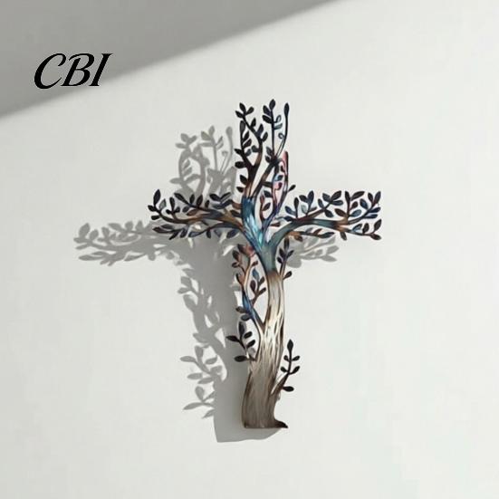 Farbverlauf Metallkunst Kreuz Wandkunst, Lebensbaum Hängende Kreuze Dekoration Dekoration, für Garten Wohnzimmer Schlafzimmer