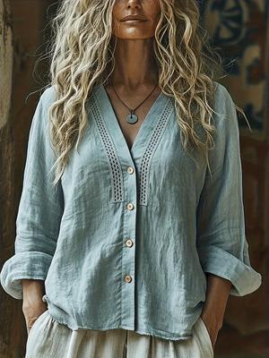 Camicia da Donna Bohémien in Lino con Scollo a V e Maniche Lunghe - Vestibilità Larga per Primavera e Autunno