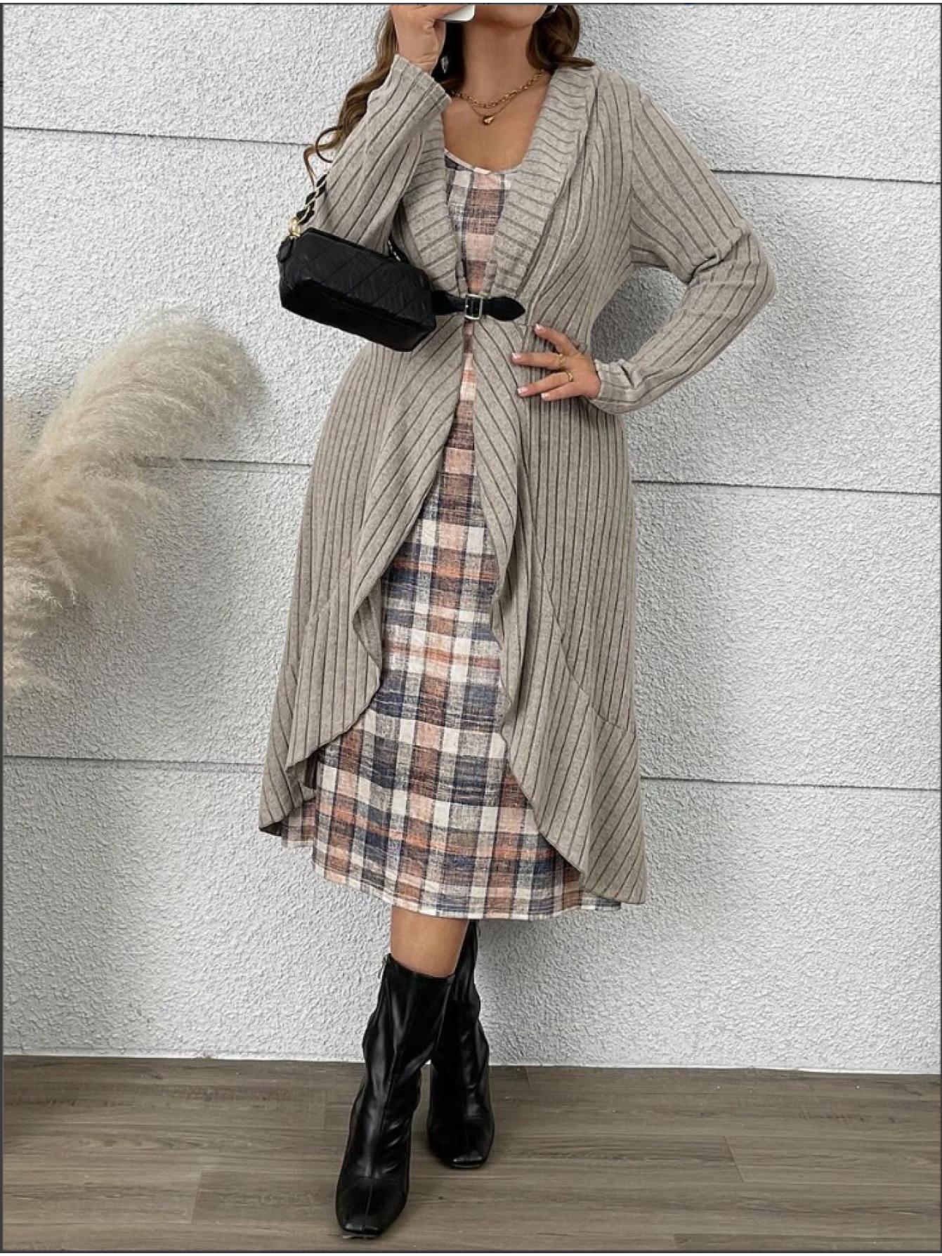 

Plus Size Ribbed Asymmetrical Jacket & Plaid Sleeveless Dress for Women 4XL