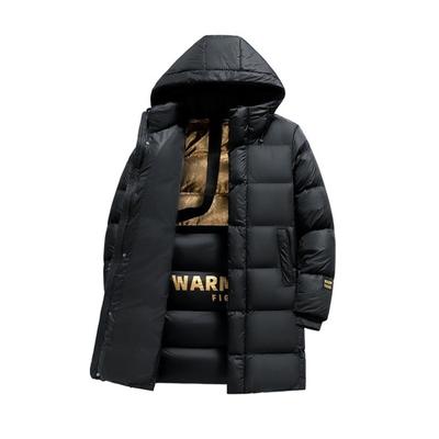 Manteau en coton pour hommes, veste bouffante à capuche et manches longues avec doublure en graphène, technologie d'isolation thermique, bloc de couleurs noir et doré, vêtement d'extérieur mi-long