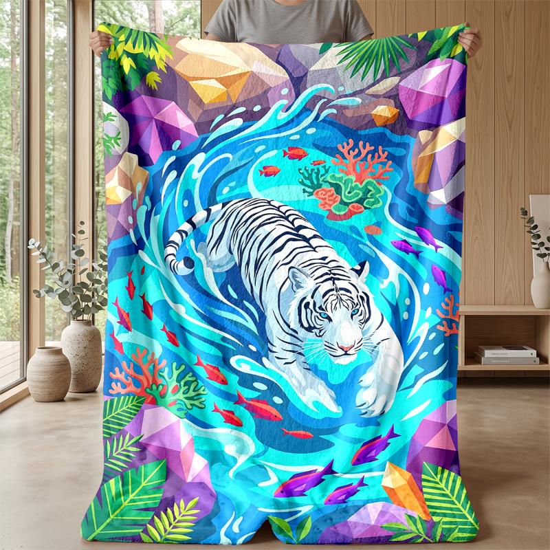 Tiger In Colorful Jungle Theme Blanket Lightweight Warm Flannel Blanket Decorative Throw Blanket for Home Decoration