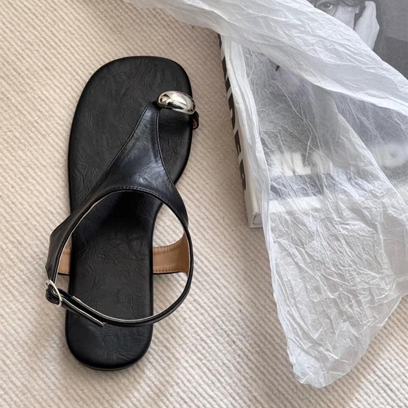 Retro One-word Buckle with Flat-bottomed Set of Toe Sandals for Women's 2025 Summer New Soft Leather Toe Roman Open-toed Sandals