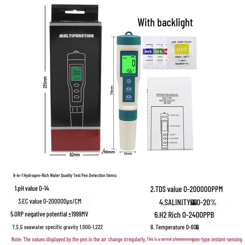 8-in-1 Tragbarer Wasserqualitäts-Teststift: pH, TDS, EC, Salzgehalt, SG, ORP, Temperatur, H2
