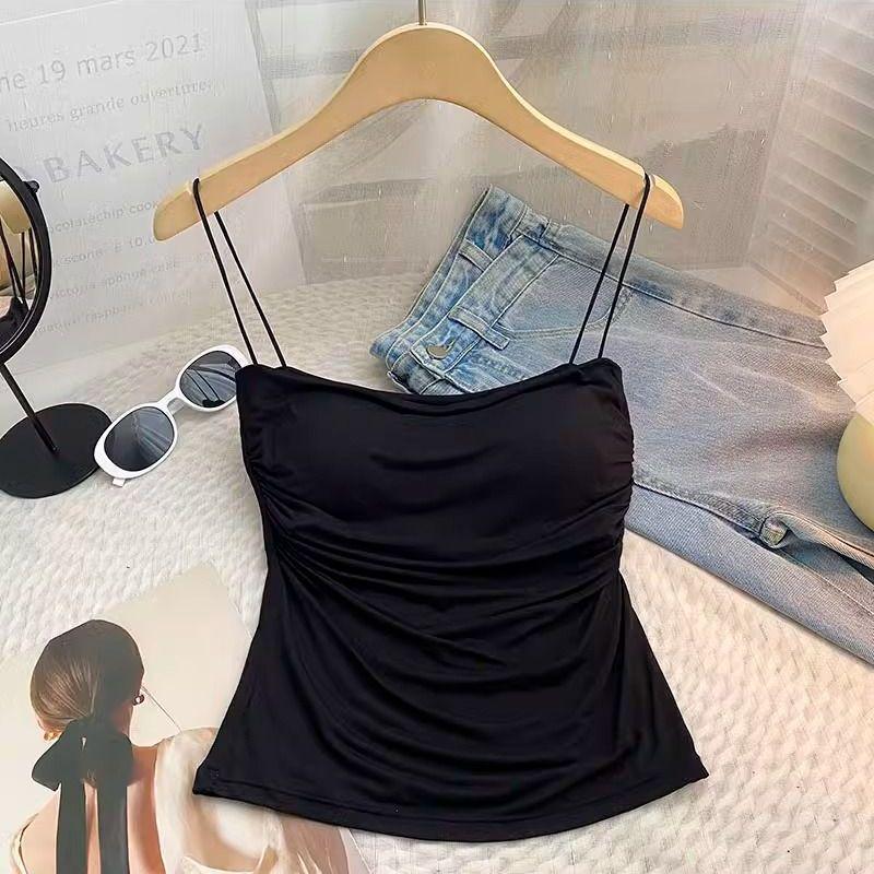 Pleated Strappy Camisole with Padded Bandeau One-Piece Wireless Top