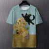 Summer Round Neck Artistic Cat and Floral Pattern 3D Print Top Fashionable Casual Short Sleeved Men's T-shirts
