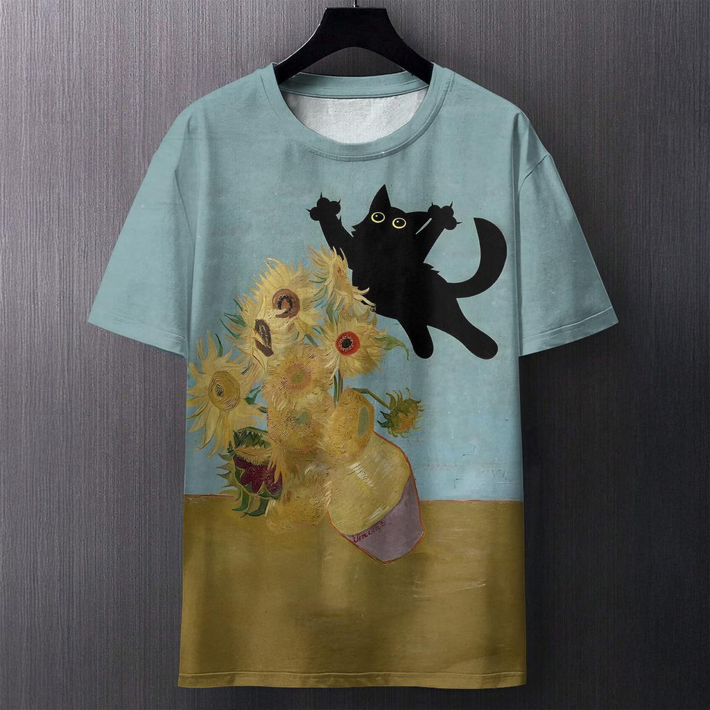 Summer Round Neck Artistic Cat and Floral Pattern 3D Print Top Fashionable Casual Short Sleeved Men's T-shirts