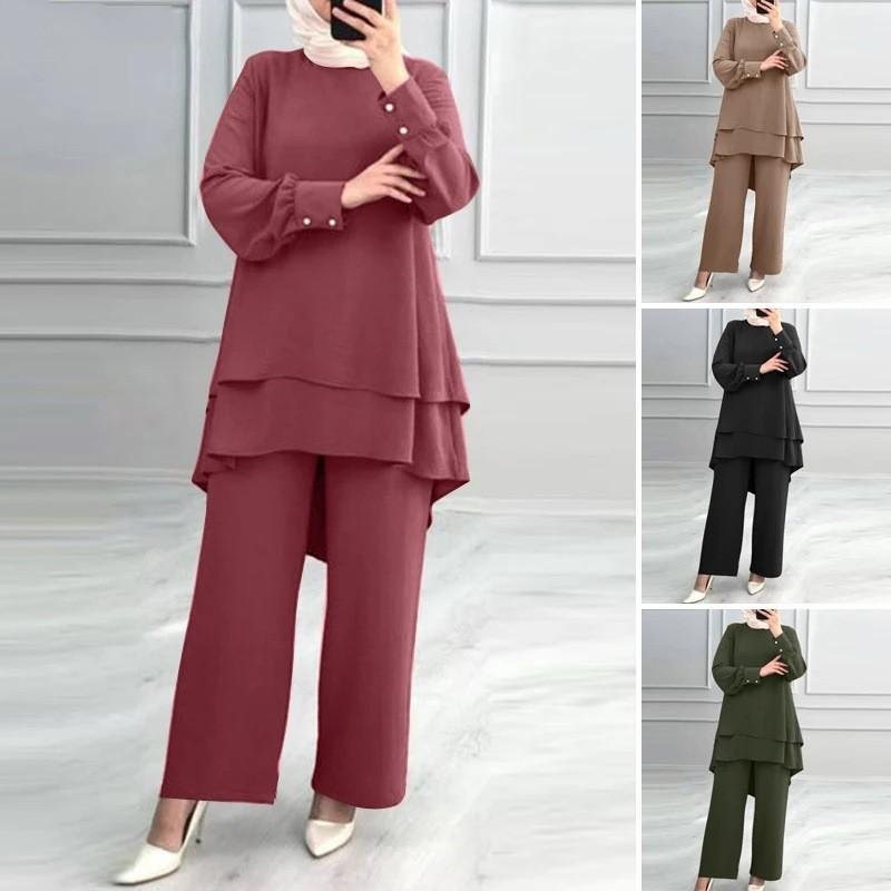 Women 2 Piece Outfit Long Sleeve Double Layer Blouse Wide Leg Pants Set Elegant Muslim Abaya Suit Casual Solid Modest Clothing For Middle East
