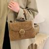 Vintage Suede Handbag Women With Gold Buckle Ctrast Stitching Shoulder Bag Elegant Designer-style Versatile Date Crossbody Bag