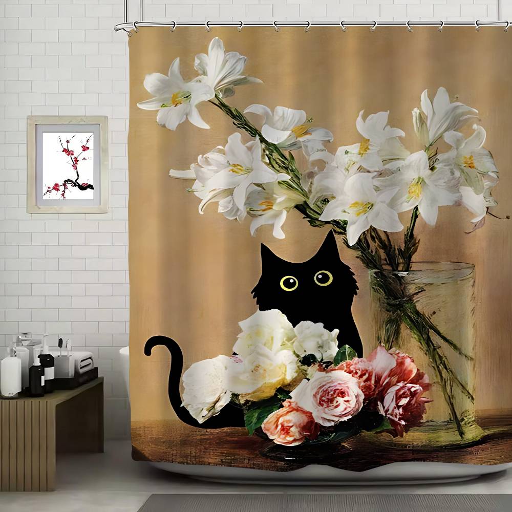 Lustige Kunst Matisse Monet Schwarze Katze Van Gogh Sonnenblumen Duschvorhang - Wasserabweisend und auslaufsicher, Schimmel- und Mehltau