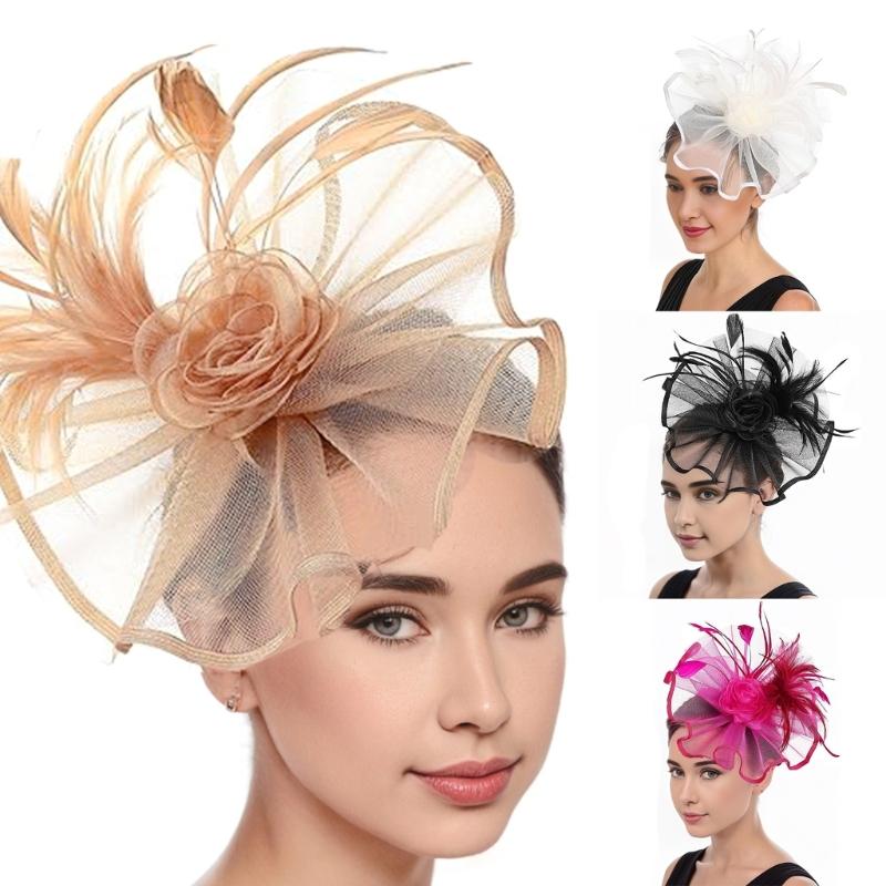 Elegant Feathered Tulle Fascinator Hat with Hair Clip For Women Church Wedding Party Bridal Shower Headpiece Accessory