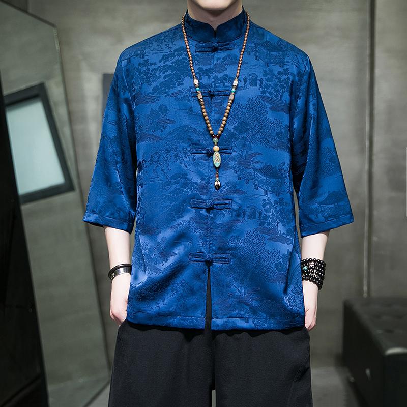 2025 Summer Ice Silk Short-Sleeved Shirt Men Chinese Style Tang Suit Jacquard Robe Youth Retro Men's Shirt Casual Tops