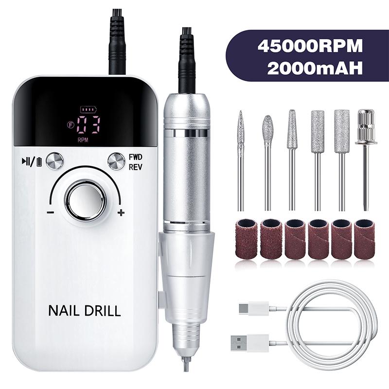 

45000Rpm Professional Electric Nail Drill Rechargeable Polisher With Lcd Screen Suitable For Gel Polish Nail File Manicure Tool білий