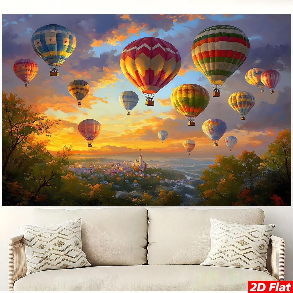 2D planar hot air balloon tapestry wall sticker - Vibrant sunset sky, combined with colorful balloons and castle sceneryDJH