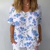 Women T-shirt V-neck Short Sleeve Flower Printed Tee Shirt Loose Fit Dropped Shoulder Sleeve