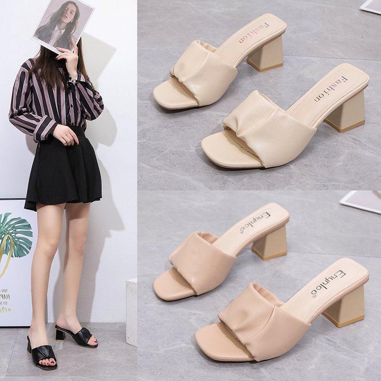 Women's Summer Clip On High Thick Heel Slippers Casual Square Toe Solid Color Outerwear Sandals 5.5cm 35-42