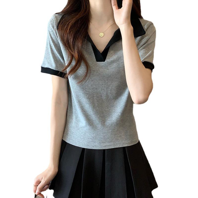 Women's Hong Kong Style Contrast Color Polo Collar Crop Top - Slim Fit, Short Sleeve, Summer 2025 Design.