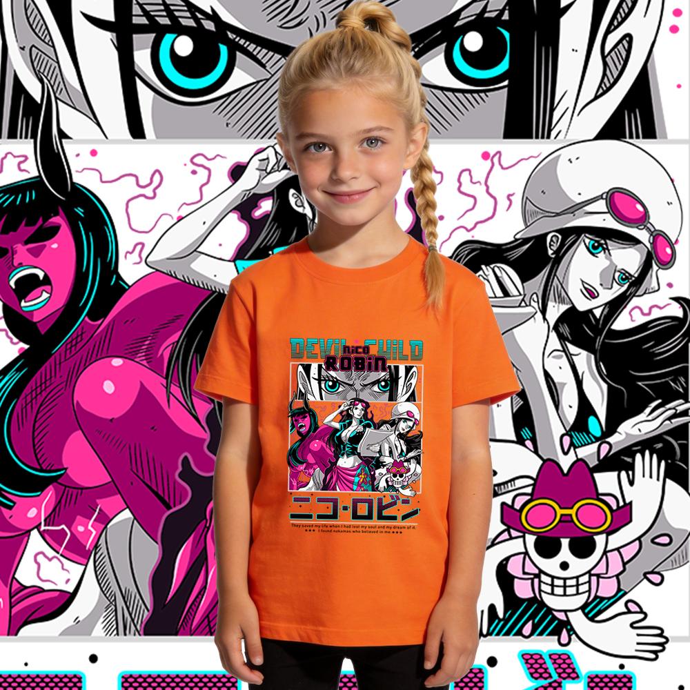 One Piece Robin Anime Print Boys Girls Cotton T Shirt Casual Short Sleeve Kids Summer Top Soft Breathable Daily Wear