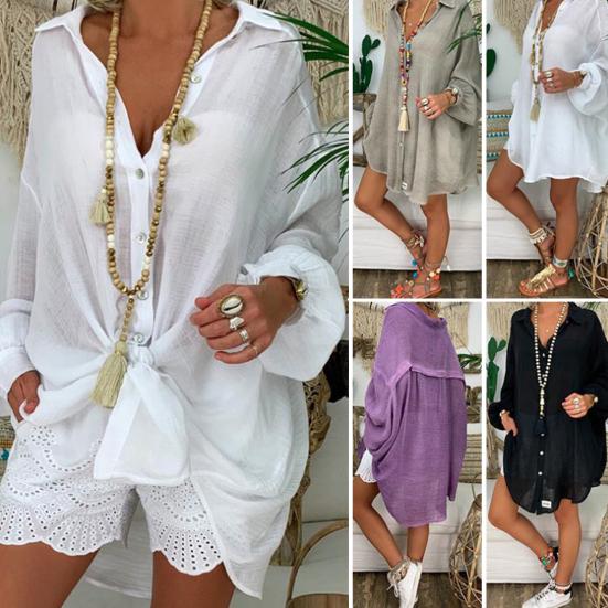 

Женская рубашка средней длины с отложным воротником и длинным рукавом, сплошной цвет большого размера