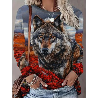 New 3D Animal Print Women's Fashionable O-Neck Long-sleeved  T-shirt