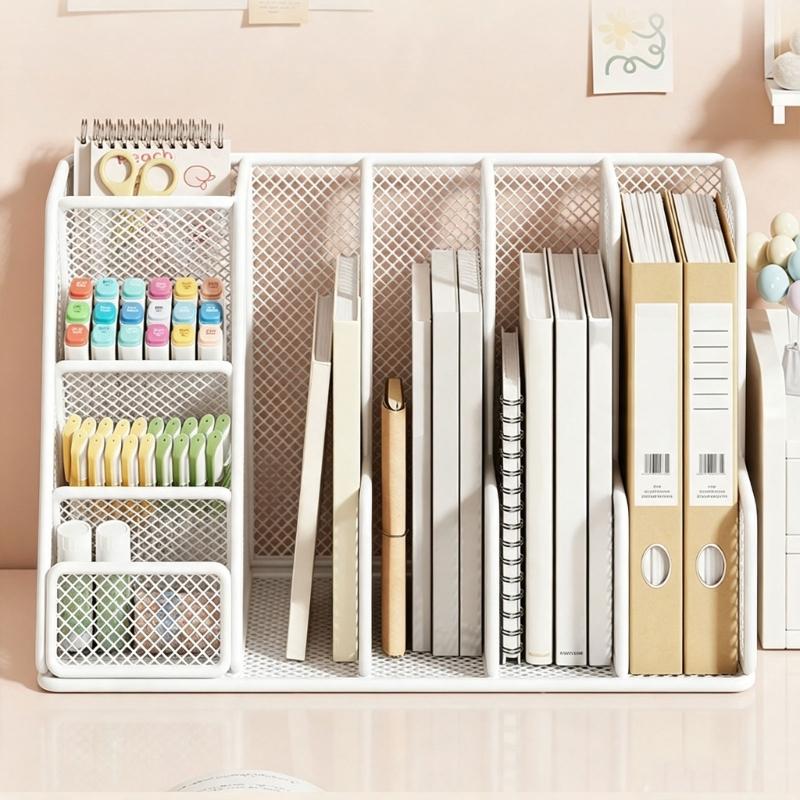 Office Desk File Rack Metal Paper Holder with Split Sections and Side Storage for Study Table Use and Home Desks
