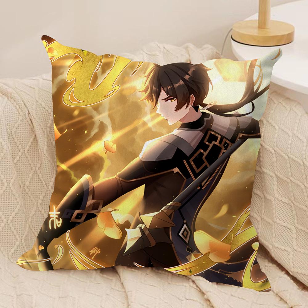 Zhongli Genshin Impact Cushion Cover Silky Short Plush Invisible Zipper Dustproof Sofa Pillow Case For Home Decor