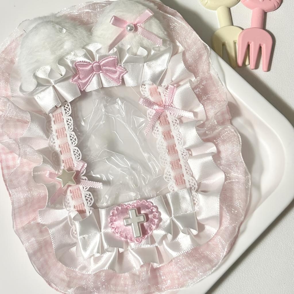 Charming Handmade Plush Rabbit Ears & Pink Lace Photo Card Holder - Canvas, Perfect for Daily Office Use