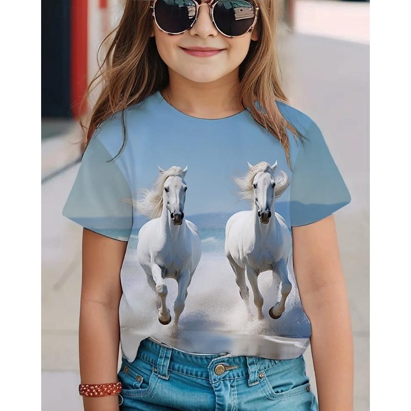 

Girls 3D Horse T shirt Tee Short Sleeve Summer Spring Fashion Basic Kids 4-12 Years Crew Neck Outdoor 100