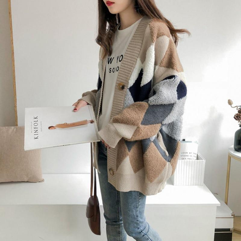Autumn Winter V-neck Long Sleeve Cardigan Knitted Sweater Fashion Loose Women Elegant Diamond Print Casual Thick New Knitwear Office Jacket Clothing