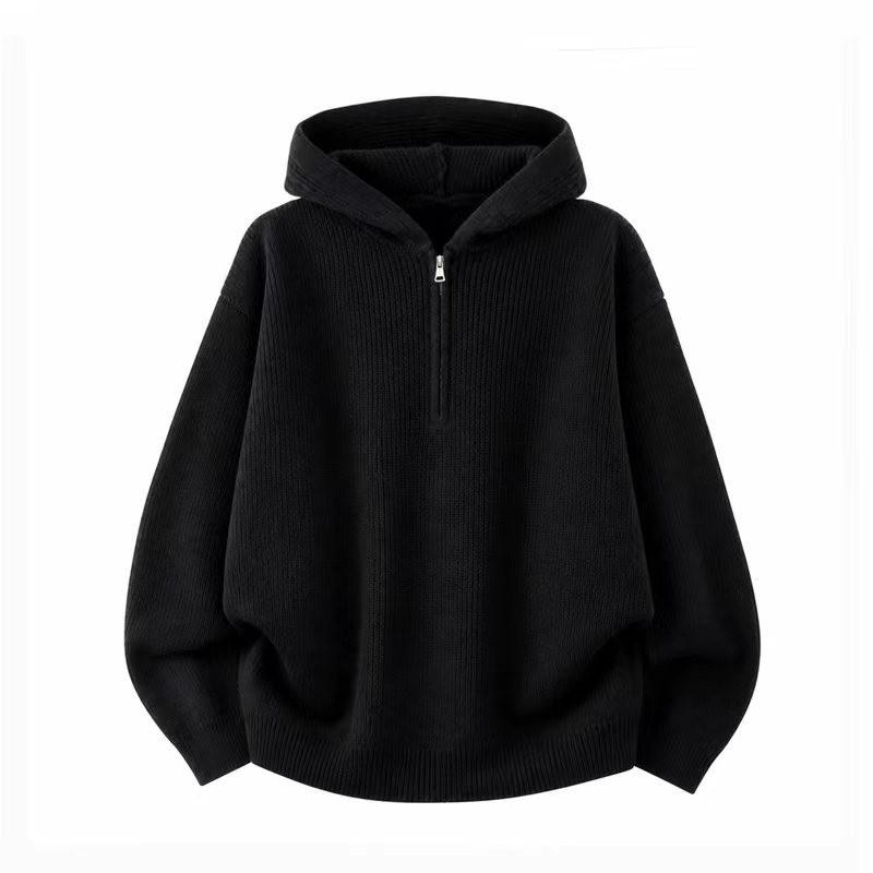 Unisex Übergroßer Kapuzenpullover 2025 Lässiger Strickpullover Mit Halbreißverschluss Grau Schwarz Locker Geschnitten Acrylmischung