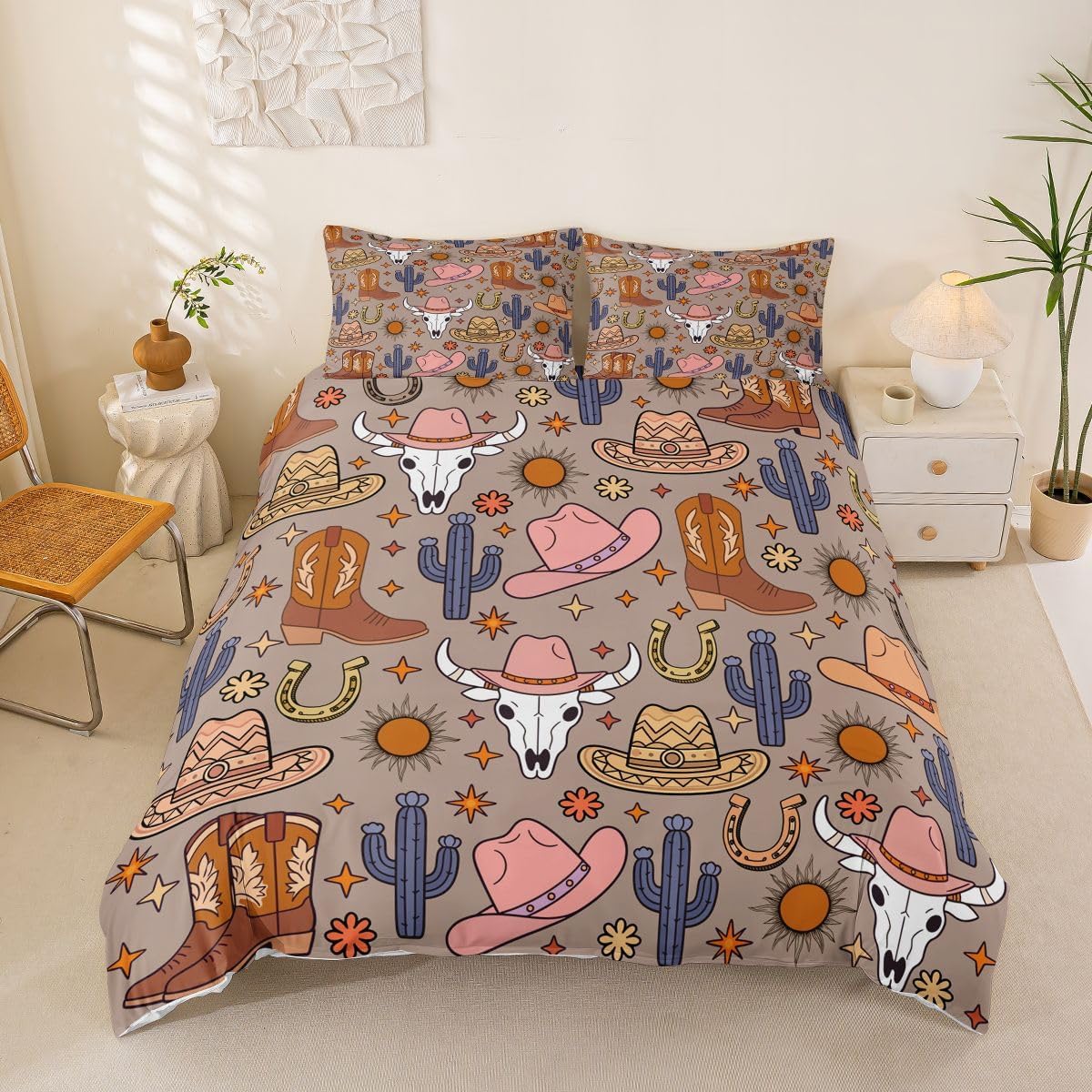 Western Aztec Duvet Cover Set,Cactus Bull Skull Horseshoe Shoes Hats Bedding Set,Cowgirl Tribal Style Quilt Cover For Boys Girls Baby 70x133 cm