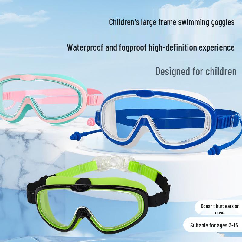Children's Anti-Fog Waterproof Large Frame Swim Goggles with Silicone Earplugs