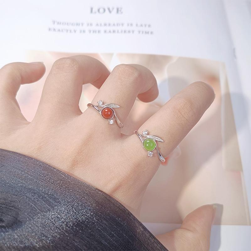 Simple Leaf Natural Gemstone Jasper Turquoise Opal Nanhong Colored Treasure Ring Women'S S925 Sterling Silver Index Finger Ring