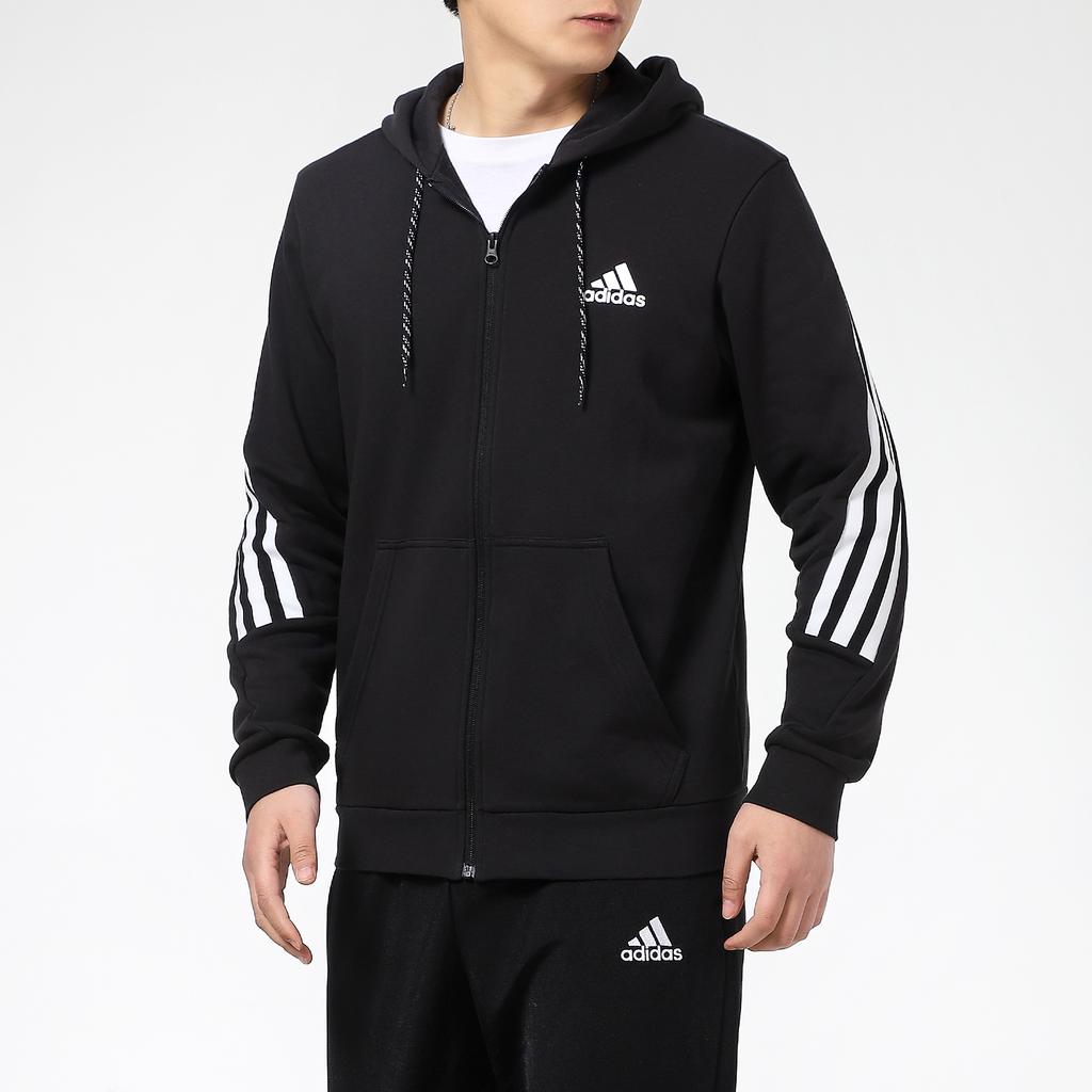 Adidas 3-Striper Tape Full-Zip Strikket Løpe Trenings Hettejakke Menn Overbekledning Svart GM6895
