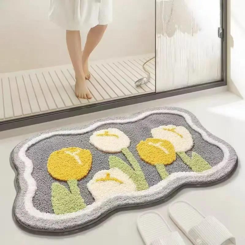 Flowers, Imitation Cashmere, Bathroom, Toilet, Bedroom, Absorbent, Non-slip Floor Mat, Household Plush, Soft Carpet