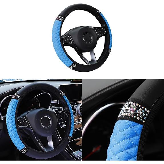Bling Car Steering Wheel Cover, 15 Inch Rhinestones Soft Leather Elastic Steering Wheel Protector, Sparkly Crystal Diamond For Women Girls, Car