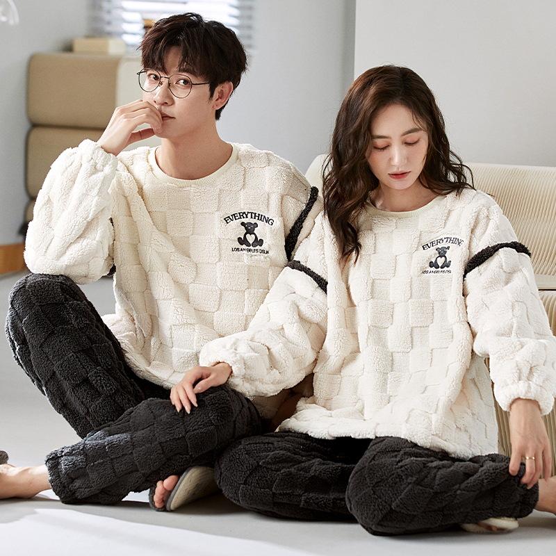Couples' Cozy Flannel Pajama Set: Women's Plus Velvet, Men's Loose Fit, Warm Coral Fleece Homewear