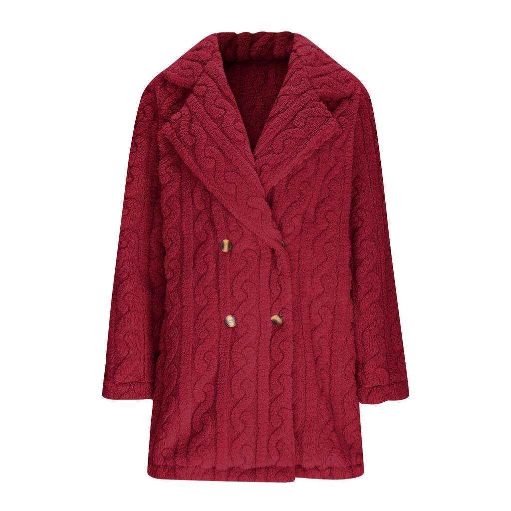 Women Thick Woolen Coats Double Breasted Solid Warm Jackets Midi Length Coat Turn Down Collar Casual Straight Jacket Winter