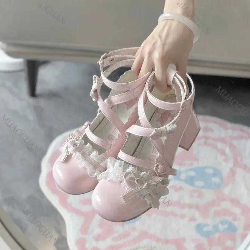 Fashion Lolita Red High Heels Cute Pumps Shoes Spring Autumn Lace Thick High Heels Single Shoes Patent Leather Mary Jane Women's Shoes
