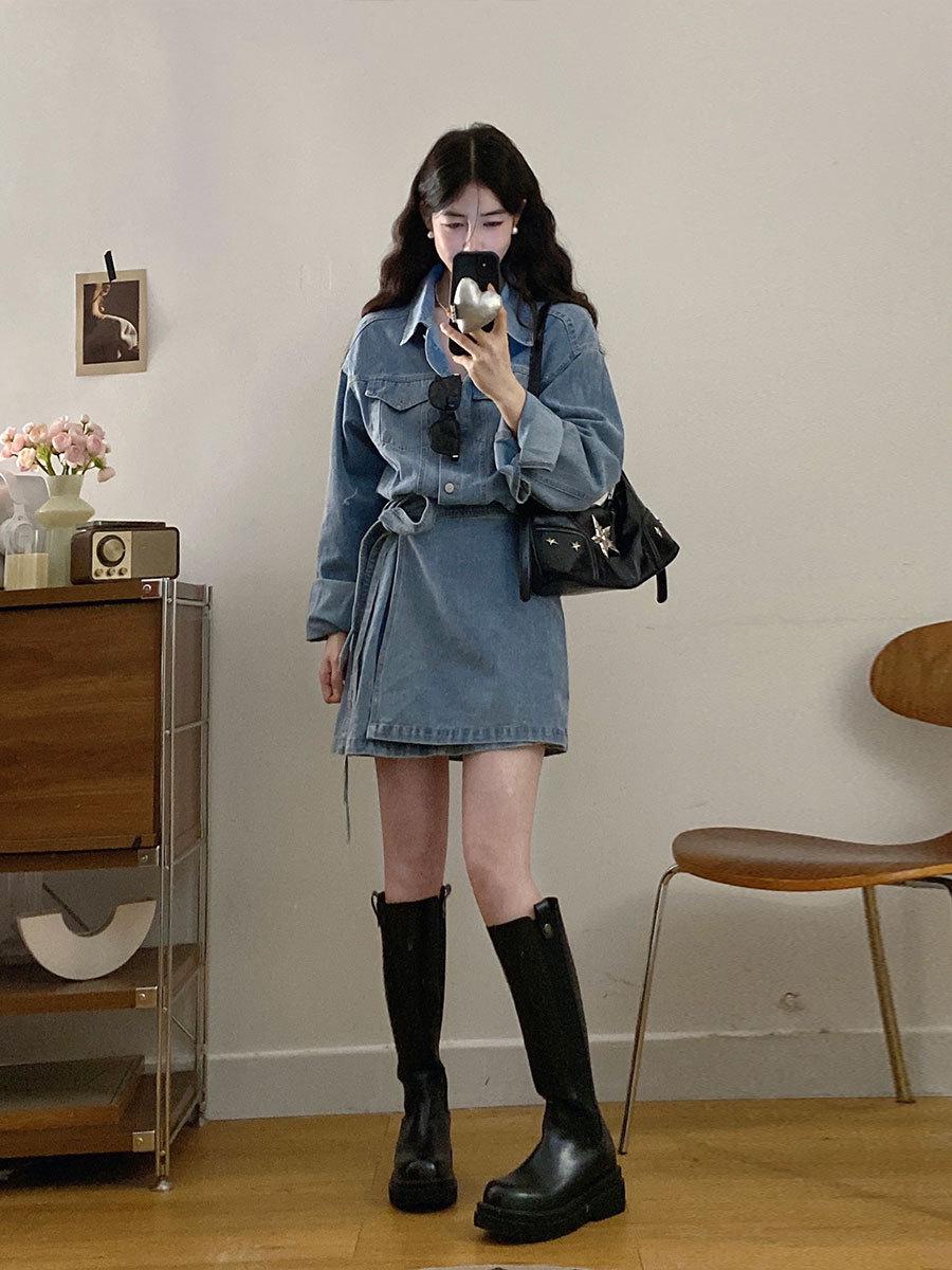 

Plus Size Retro Hong Kong Style Lapel Denim Dress - Spring New Arrivals, Figure-Flattering and Waist-Cinched Chic Skirt for Women L